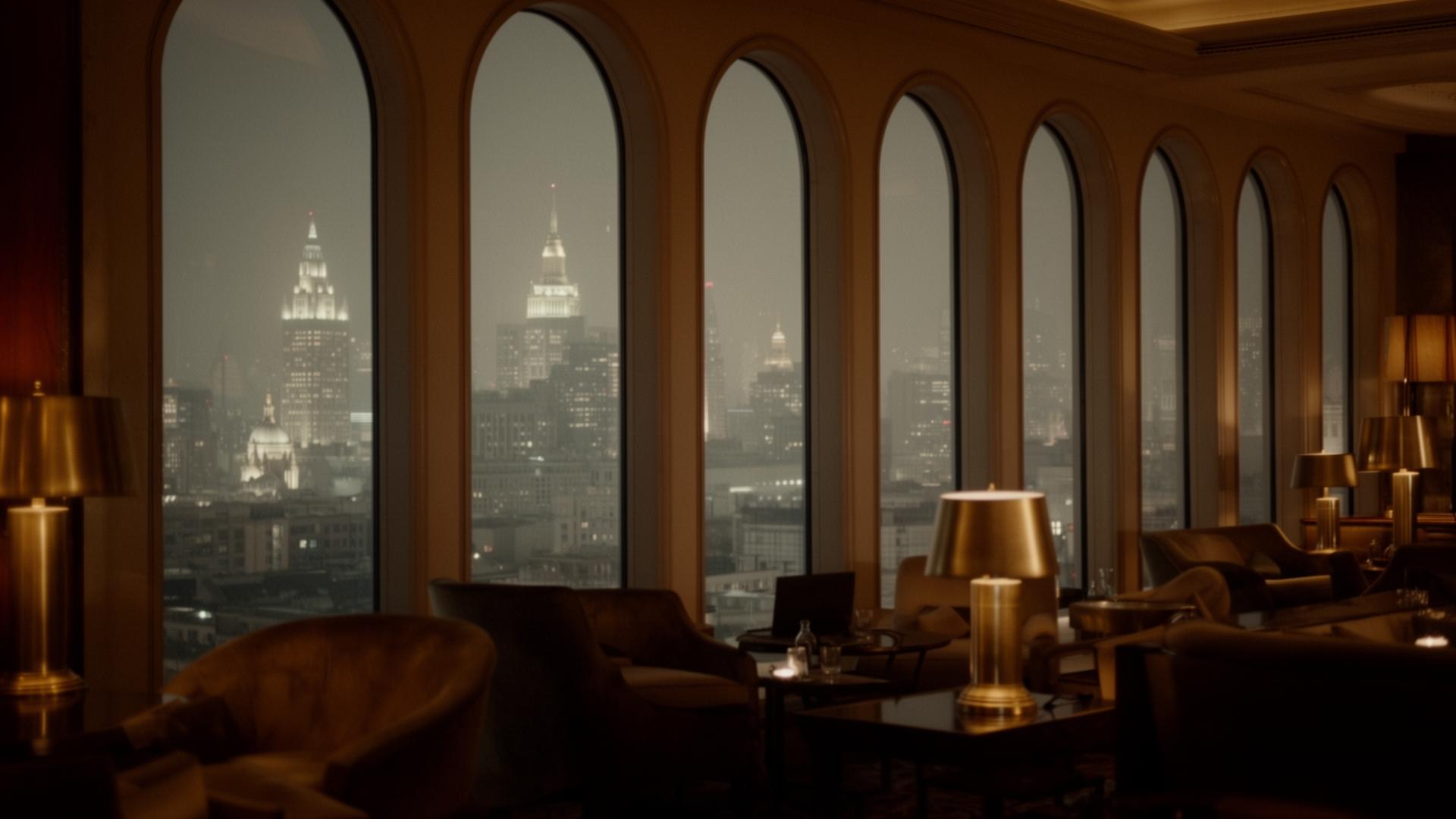 View of an international city skyline at night through arched lounge windows