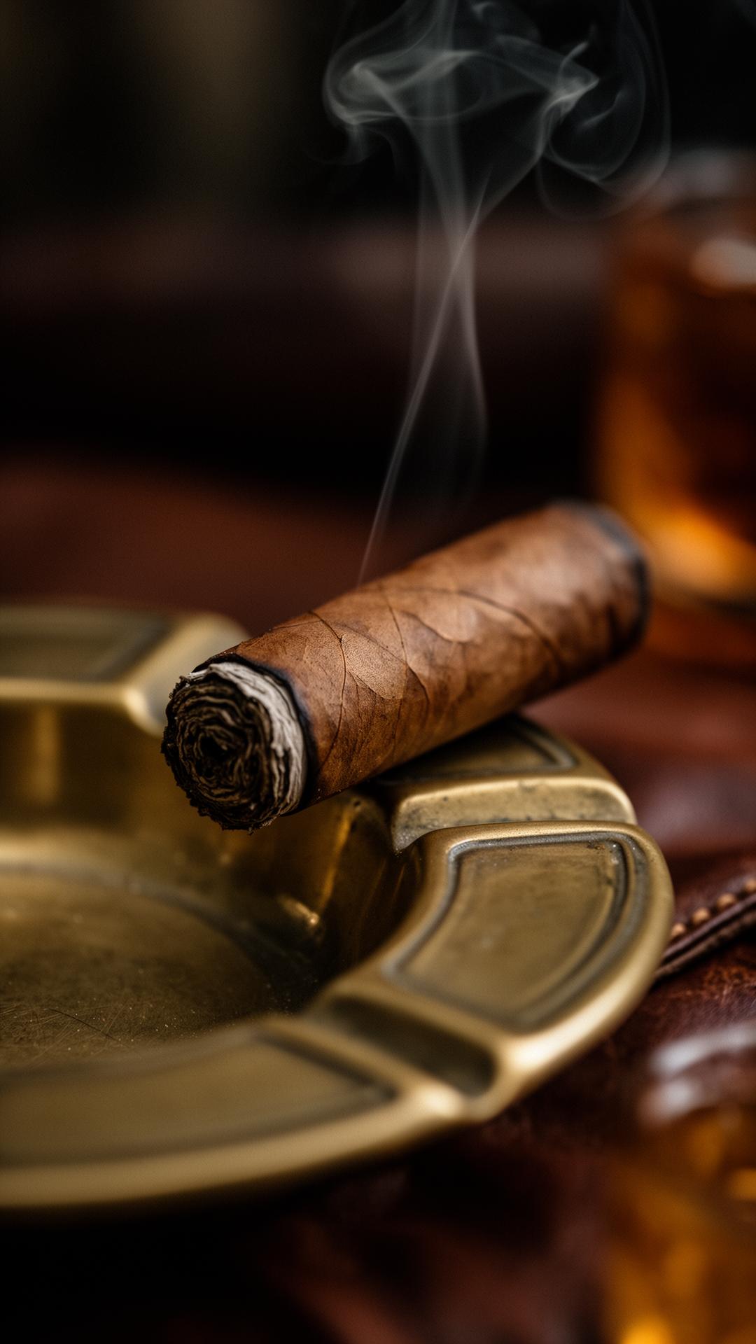 A hand-rolled cigar resting on a brass ashtray with a glass of whisky behind