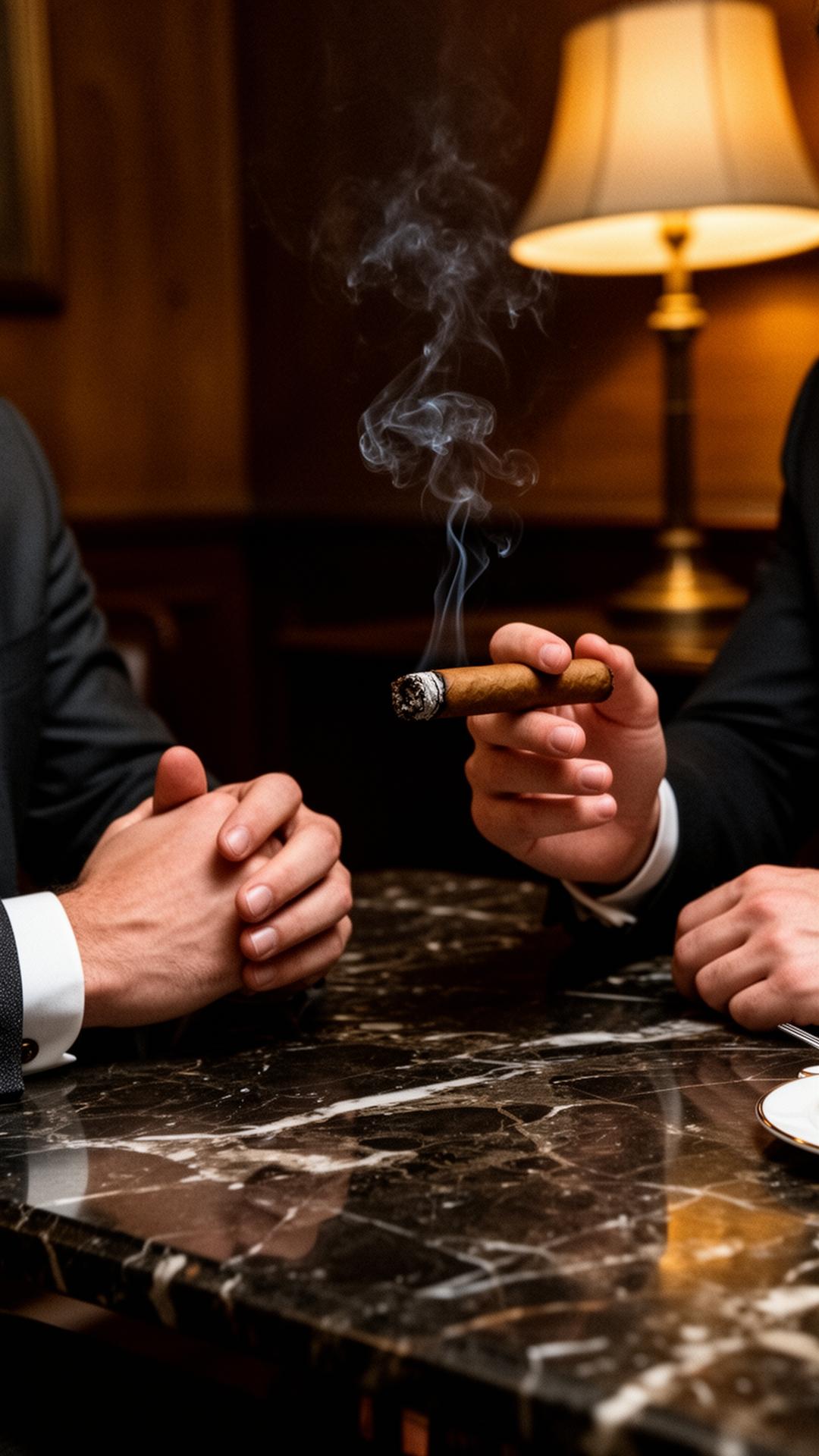 Two members in quiet conversation across a marble lounge table, one holding a lit cigar